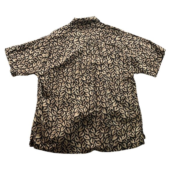 Perry Ellis Men Shirt Large Short Sleeve Silk Linen Button Up Leaf Print Tan Y2K - Picture 2 of 11
